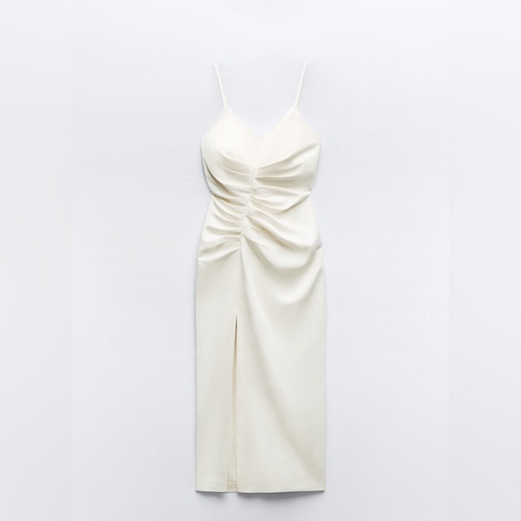 New with Tags Zara White Linen Blend Ruched Midi Dress with Slit Size S - Picture 5 of 11